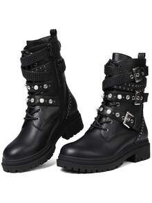 Botas de tobillo punk para mujer, tacón de bloqueo, solapa, perla, remache, moda cool, shorts callejeros, diseño gótico de lujo, botas de motocicleta para mujeres - Negro - Ver 2