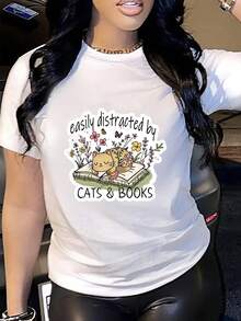 Camisetas De Mujer Casual Manga  con estampado de  Gatito y letra impresos - Blanco - Ver 1