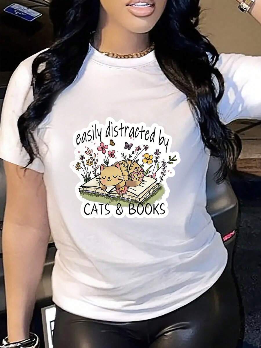 Camisetas De Mujer Casual Manga  con estampado de  Gatito y letra impresos - Blanco - Ver 1