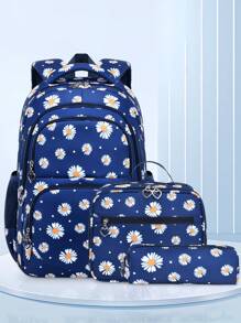3 piezas/set Mochila con estampado de margaritas lindas, diseño de múltiples compartimentos de gran capacidad, cremallera Closure, adecuado como regalo para estudiantes de secundaria/preparatoria, niñas, vuelta al colegio