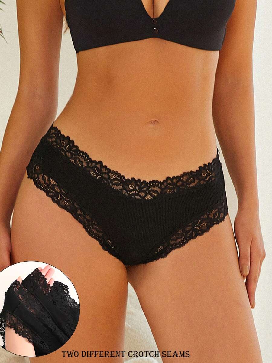 FINETOO 1pc Women Lace Trim Ribbed Comfy Romantic Low-Rise Brazilian Panties - Black - View 1