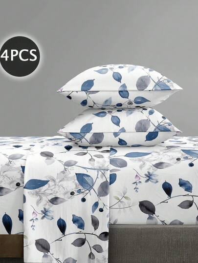 4pcs Blue Floral Garden Leaf Pattern Bedding Set, Includes 1 Bed Skirt, 1 Flat Sheet And 2 Pillowcases (No Pillows), Luxury Bed Skirt Set Fits Twin, Twin XL, Full, Queen, King, California King, Deep Pocket Design, Soft & Breathable, Wrinkle-Resistant, Upgrade Sleep Quality, Ideal Gift For Parents, Friends, Back To School Or Dorm