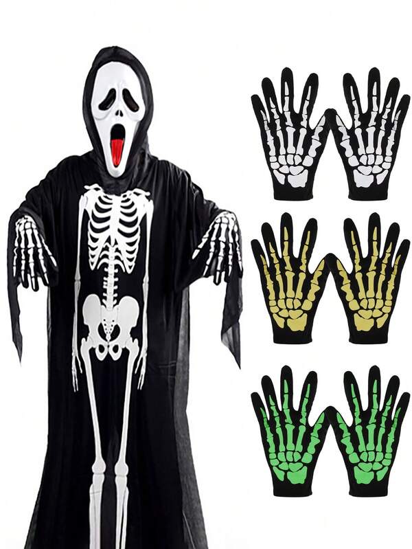 Skeleton Gloves Men, Reaper Gloves, Bone Gloves, Scary Halloween Costumes Skeleton Gloves, Stretchable Halloween Skull Gloves, White Printed Skeleton Bones Black Gloves Fall Decor Autumn Decor