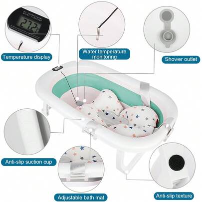 Bañera plegable para bebé con termómetro incorporado y alfombra de baño, bañera para niños con asiento de baño para bebé, bañera para bebé con soporte, regalo de baby shower para niños o niñas, para 0-2 años, varios colores disponibles, golosinas de verano