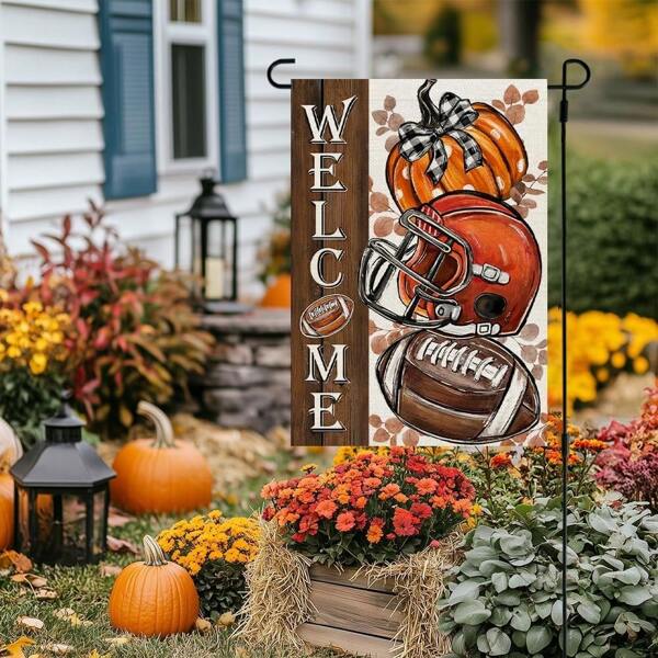 1pc Autumn Yard Textile Hanging Decor, Fall Pumpkin Football Welcome Garden Flag, 12x18 Inches Faux Linen Double-Sided Print, Autumn Football Outdoor Yard Decoration, Suitable For Home, Lawn, Porch, Cafe, Farmhouse