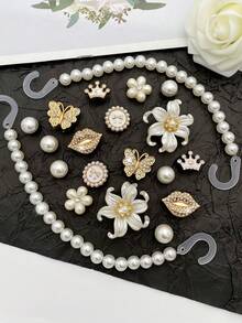 20 chiếc dây chuyền ngọc trai ABS trắng, hoa đính đá, bướm đính đá vàng, môi, vương miện, nơ ngọc trai ABS có thể tháo rời, phụ kiện tự làm cổ điển, thích hợp cho dép xăng đan, dép lê, túi đi biển của phụ nữ, tuyệt vời cho ngày lễ, quà tặng tiệc sinh nhật - Màu be - Xem 5