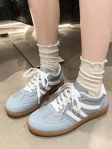 女士多功能时尚休闲鞋，平底系带圆头橡胶底休闲运动鞋，黑色和卡其色拼接，日常搭配鞋，休闲鞋尺码 36-41