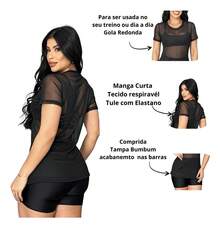 Blusa Feminina Transparente de Tule Manga Curta Camiseta Academia Treino - Preto - Visão 2