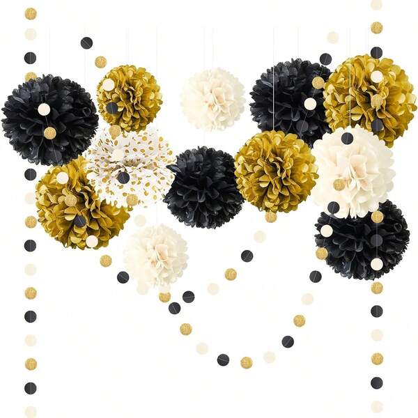 14 piezas Decoración de bolas de papel a lunares negros y dorados - Decoración elegante para bodas, cumpleaños, despedidas de soltera, graduaciones, todas las temporadas, sin necesidad de electricidad, montaje de ceremonia de boda de lujo, decoración de fiesta fácil
