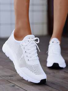 Women's White One-Piece Knitted Upper, Lightweight Breathable Outdoor Road Running Shoes, Comfortable Soft Simple Stylish Lace-Up Lady Shoes, Casual Couples Sports Sneakers - White - View 2