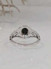 1pc Hollow Floral Pattern Ring With Oval Black Natural Stone Inlay, Fashionable Copper Material Ring Suitable For Women's Daily Wear And Parties, Anniversary Gift - 復古銀色 - 查看 6