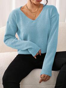 Women's Simple Solid V-Neck Loose Slimming Casual Pullover Long Sleeve Sweater, Autumn/Winter - Blue - View 4