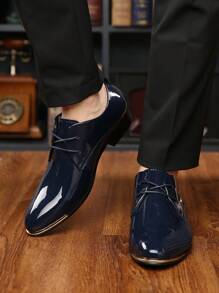 Plus Size Men's Glossy Leather Lace-Up Pointed Toe Dress Shoes, Formal Wedding Business Attire Formal/Business Formal