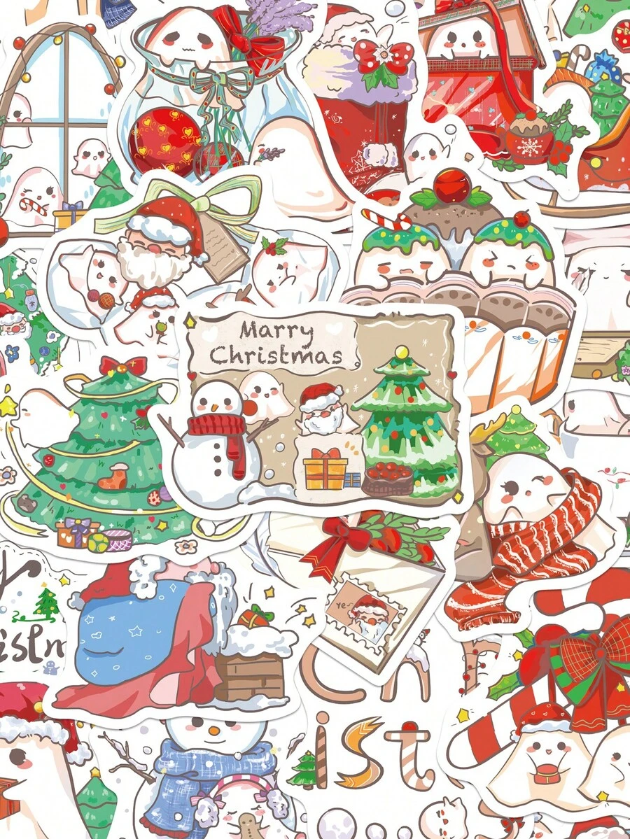 50 piezas Pegatinas de fantasma navideño, calcomanías de Feliz Navidad para laptop, maleta, computadora, scrapbook, diario, refrigerador, regalos navideños para niños