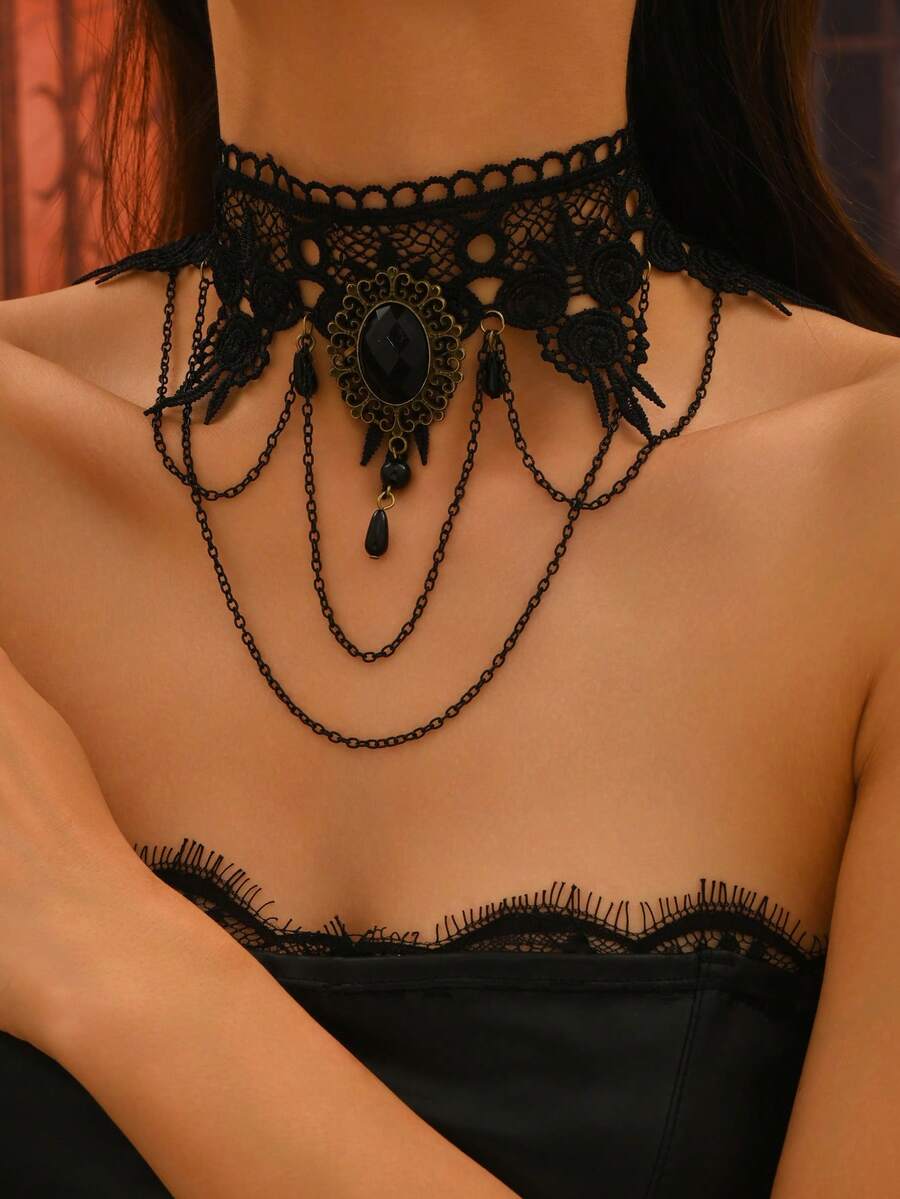 1 pieza Collar gargantilla con colgante de gota de agua con flecos de encaje estilo gótico, adecuado para fiestas de Halloween, reuniones con amigos - Negro - Ver 1