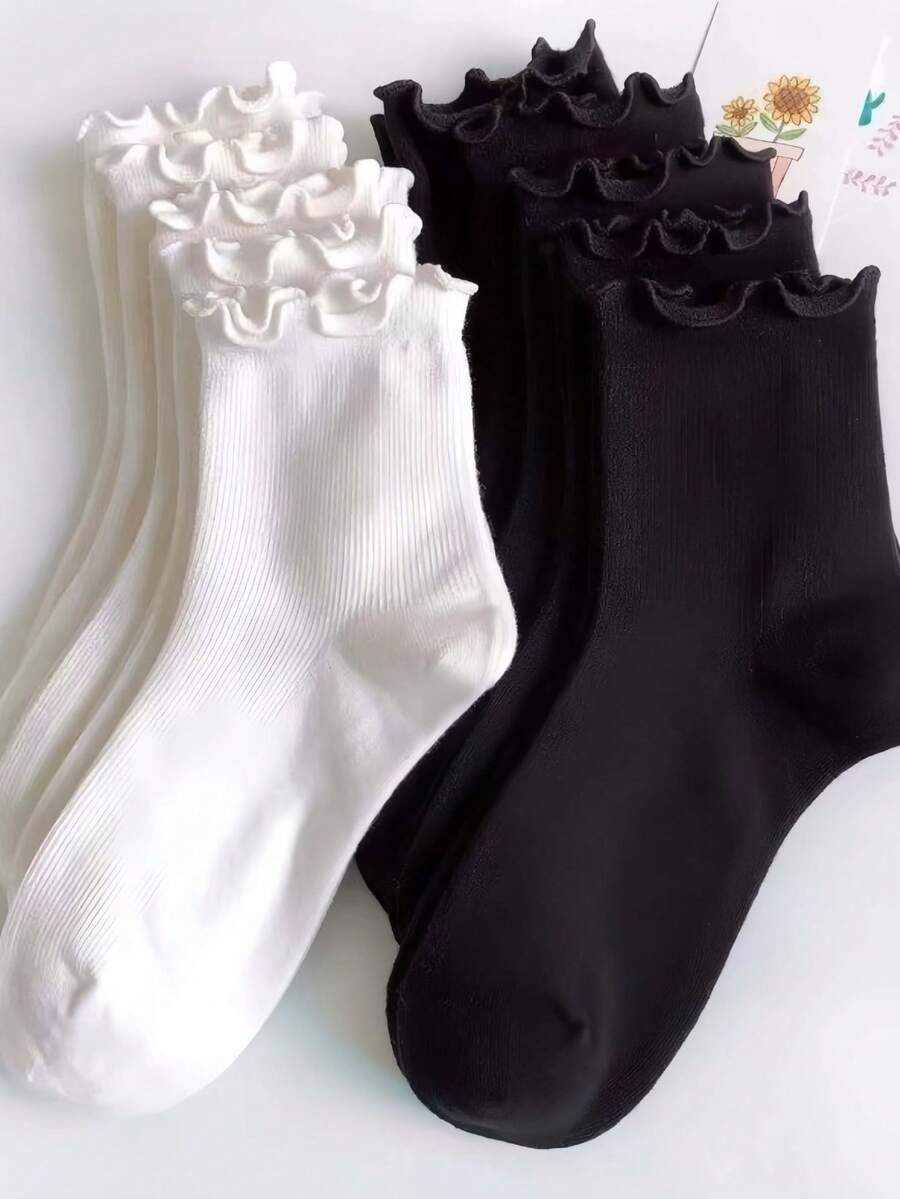 5 Pairs Women's Cute Ruffled Frilly Ankle Crew Socks, White And Black, Polyester Spandex Blend, Machine Washable, Fall Socks - Multicolor - View 1