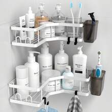 Corner Shower Caddy, 2 Pack Adhesive Shower Corner Organizer Shelves, No Drilling Stainless Steel Shower Storage Rack With Hooks&Toothpaste Holder For Bathroom, Dorm And Kitchen - 白色 - 查看 1
