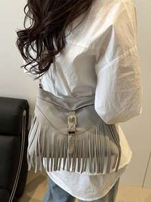 DAZY 1pc Fringed Decor Solid Color Suede/PU Leather Crossbody Bag, For Women Everyday Use - Coffee - View 9
