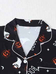 2pcs/Set Funny Ghost Print Short Sleeve Polo Collar Top And Bow Shorts Pajama Set For Women, Suitable For Halloween - Black - View 3