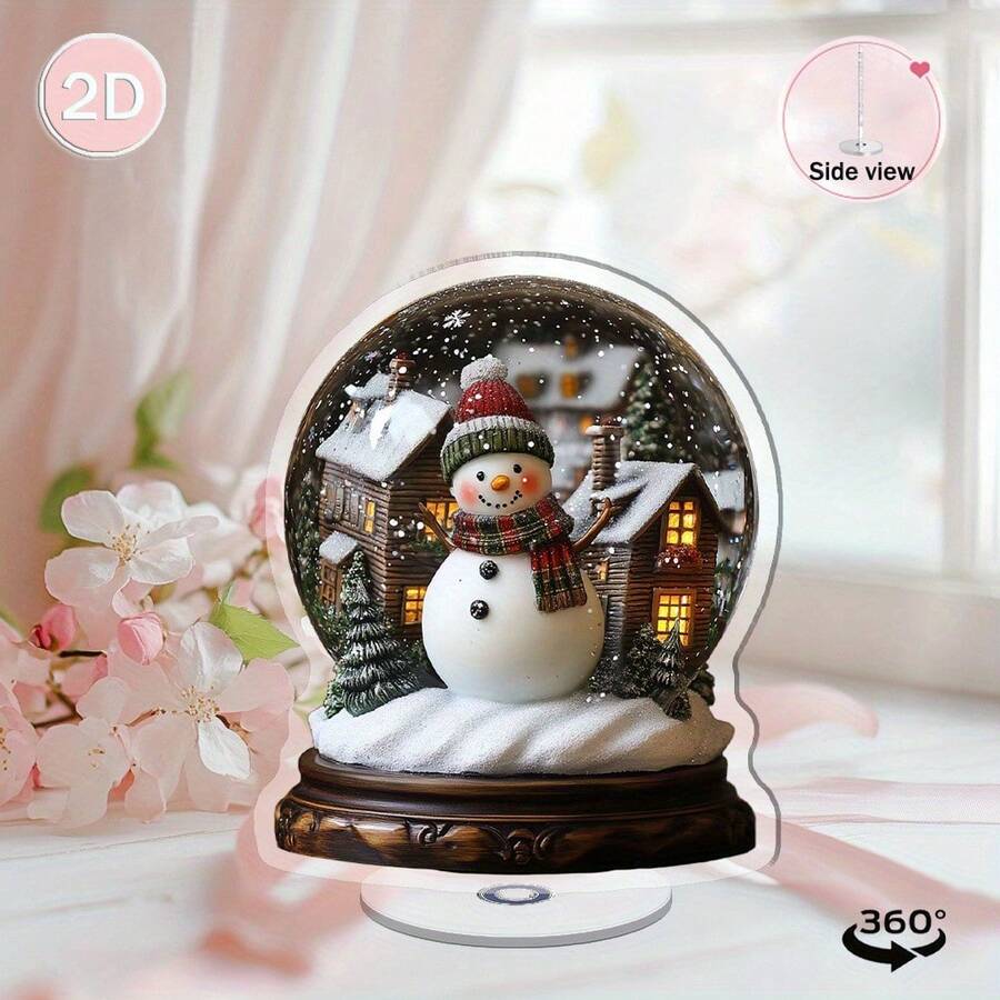 2D Flat, 1pc Rotating Acrylic Snow Globe, Winter Village Scene With Snowman And Cozy Cabin, Desktop Decor, Indoor/Outdoor, Holiday Home Office Living Room Christmas Decoration, Vibrant Color Design Decor, Winter Wonderland Ornament, Christmas Gift, Christmas Decoration, Desktop Decor, Christmas, Halloween Gift