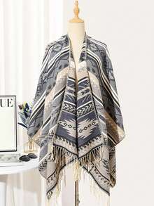 1 Pieza de Chal Retro con Flecos de Jacquard para Calentar y Proteger del Sol, Cárdigan Grueso Oversize, Chal de Viaje Retro, Chaqueta Vaquera a Prueba de Viento