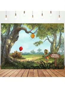 1pc Cartoon Spring Forest Party Backdrop 7*5/5*3FT, Honey Pot & Red Balloon Decor Birthday Background For Living Room, Bedroom, Children Photography, Live Streaming