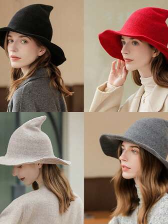 羊毛巫婆帽 - 万圣节尖头宽边针织服装帽，经典巫师/女巫帽，带长流苏南瓜吸血鬼服装秋季