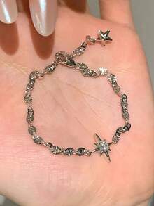 1 pieza Brazalete de acero inoxidable con estrella brillante para mujer, joyería con cometa, meteoro y estrella de la suerte en forma de pentágono - Pulsera de cometa con nariz de cerdo - Ver 5