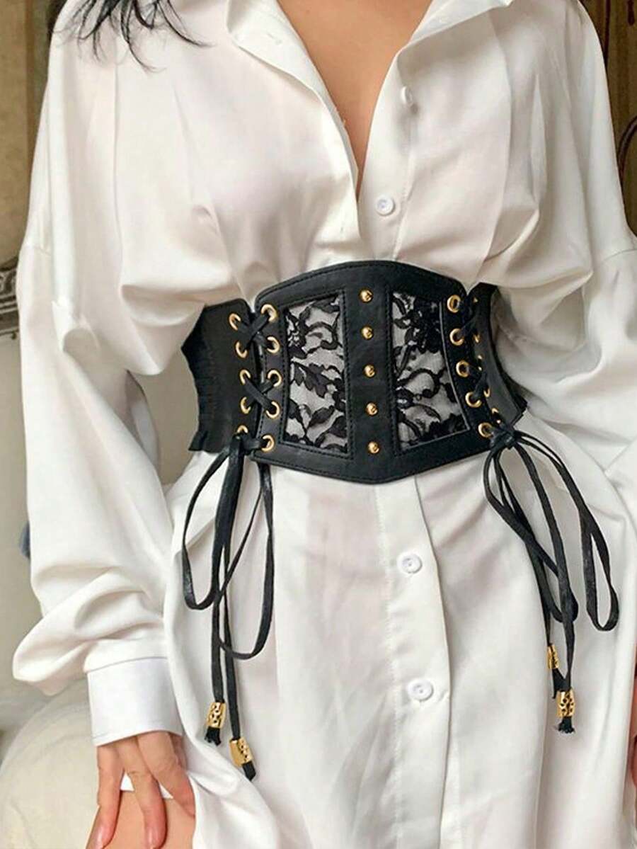 1pc Women's Plus Size Black Elegant Lace Elastic Waist Ruffle Waistband - 黑色 - 查看 1