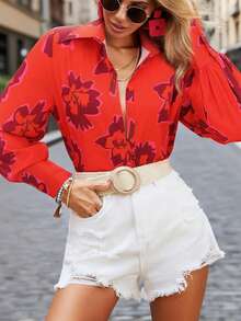 Women's Long Sleeve Casual Floral Print Button-Front Shirt