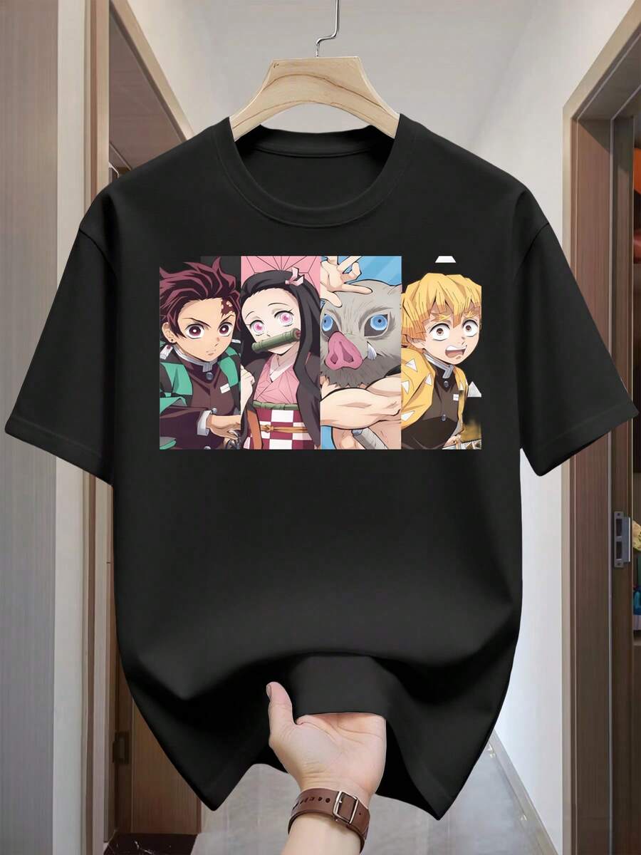 Camiseta "Anime", 220 G/M2, New Informal Camiseta De Verano De Algodón With Cuello Redondo Y Manga Corta (1 Unit) - 黑色 - 查看 1