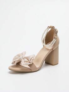 Summer Fashion Faux Pearl Bowknot Open Toe High Heel Shoes, Apricot Satin Strap Thick Heel Sandals, Sexy Round Toe Super High Heel Sandals For Women, Comfortable For Long Wear, Suitable For Wedding, Banquet, Party - Apricot - View 7