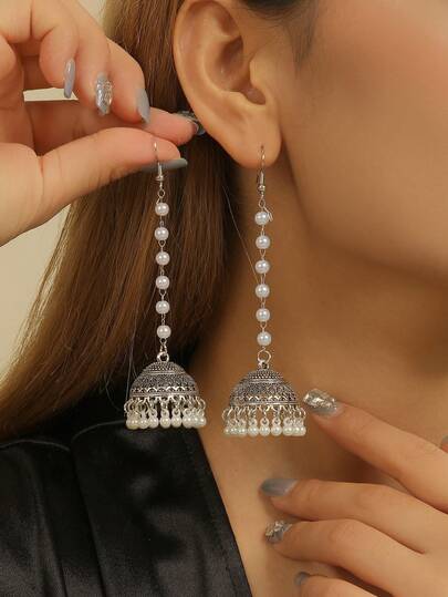 1 Pair Elegant Long Chain Casual Earrings With Bell, Faux Pearl Long Tassel Earrings, Traditional Jewelry, Suitable For Women's Daily, Festival, Wedding And Party Wear/Jewelry Gift