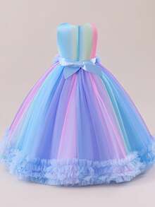 Long Dress Gown For Tween Girl, Rainbow Special Performance Dress, Sleeveless Bowknot Tulle Layered Ombre Prom Dress, Girls' Birthday Party Wedding Flower Girl Dance Recital Dress - Blue - View 4