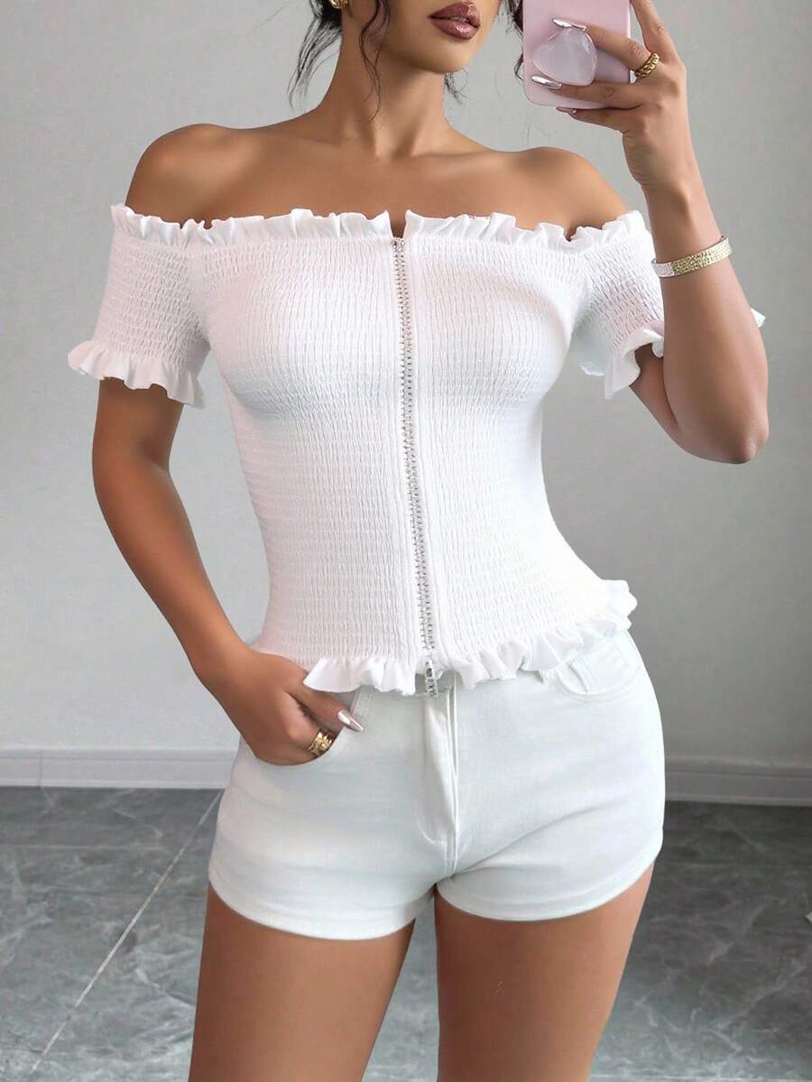 Top Cierre Frontal Ajustado Hombros Descubiertos Volantes Verano Ligero Fresco  Crop - Blanco - Ver 1