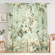 2Pcs Elegant Bird Floral Curtains Green Garden Print Window Drapes, Fresh Nature Style Flying Birds Rose Pattern Sheer Curtains, Light Filtering Panels For Living Room Bedroom Study Office Home Decor, Rod Pocket Design - Hoa oải hương - Xem 13