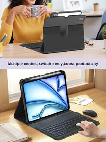 360° Rotating Keyboard Case Compatible With Ipad (A16) 11th/10th Gen, 7th/8th/9th Gen, IPad Air 4th/5th Gen/(M2) 2024/(M3) 2025, IPad Pro 11 (2018/2020/2021/2022), PU Leather Material, Built-In Detachable Wireless Keyboard, 150mAh Battery, Apple Pencil Holder, Black - Black - View 7