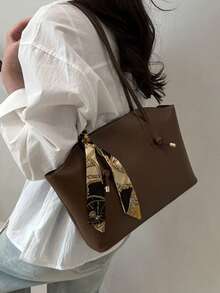 New Luxury Solid Color Versatile Women Shoulder Tote Bag - Brown - View 6