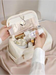 1 Peça, Couro PU, Unissex, Bolsa de Toucador de Viagem Impermeável de Camada Dupla, Bolsa de Barbear de Grande Capacidade - Perfeita para Produtos de Higiene e Beleza Essenciais, Viagens de Negócios e Férias, Bolsa de Toucador, Essenciais de Viagem de Verão, Durável, Perfeita para Férias na Praia, Suprimentos Escolares de Férias, Itens Essenciais para Dormitório, Volta às Aulas
