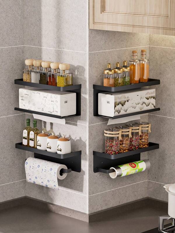 1/2 Pcs No Drill Kitchen Paper Towel Holders, Toilet Paper Racks, Roll Tissue Racks, Napkin Storage Racks, Cling Film Racks, Dishcloth Storage Racks, Wall Mounted Spice Racks For Kitchen Organization And Storage, Kitchen And Bathroom Accessories