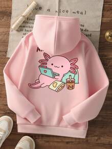 1 件青少年女孩休闲印花套头连帽衫运动衫，保暖内衬，长袖，秋冬学生青年服装 - 粉色 - 查看 3