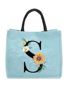 Sunflower & Daisy, Letter A-Z Print Blue Linen Tote Bag, Perfect Holiday Gift, Multifunctional Portable Handbag/Shoulder Bag, Fashion Minimalist Linen Bag, Large Capacity Storage Bag, Gift For Women, Teacher's Day Gift, Cosmetic Bag - Blue - View 71