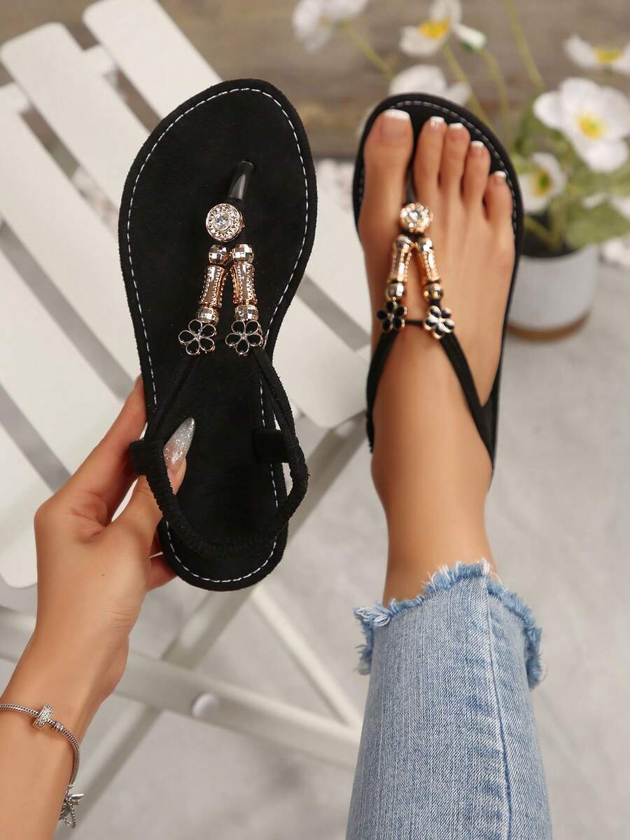 1 Pair Women's Bohemian Beaded T-Strap Flip Flop Sandals, Flat Beach Shoes For Summer, Metal Decorated T-Strap, Versatile Casual Shoes - Black - View 1