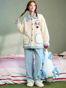 2件套女士法兰绒翻领可爱腊肠犬字母刺绣保暖睡衣套装，纽扣前开襟长袖上衣和裤子，秋冬加厚绒毛睡衣，秋季服装 - 彩色 - 查看 4