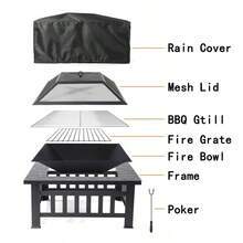 Fire Pits For Outside 32" Wood Burning Fire Pit Tables With Screen Lid Poker BBQ Net Ice Tray Food Clip And Cover Backyard Patio Garden Outdoor Fire Pit Ice Pit BBQ Fire Pit Black - 肉凍 - 查看 4