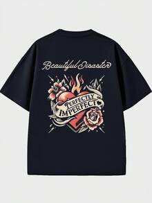 Camiseta 100% algodón de 220g con diseño de corazón estilo tatuaje "Beautiful Disaster", impresión a doble cara, adecuada para eventos con temática de rock - Negro - Ver 3