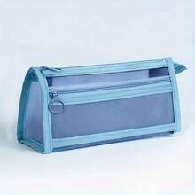 Estuche de lápices con malla a cuadros Morandini, con asa y cremallera, estuche de lápices de doble capa transparente, bolsa de cosméticos de viaje, bolsa de almacenamiento de papelería transparente linda, adecuada para adultos, oficina, universidad, útiles escolares, de vuelta a la escuela