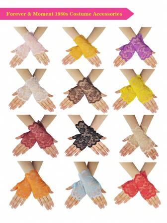 Forever &L Moment 1 Pair 80s Exquisite Lace Half Finger Floral Gloves For Women- Vibrant Solid Colors, Ultra-Thin And Lightweight, Airy And Moisture-Wicking - Perfect For Wedding, Prom, And Formal Events, Short And Chic, Elegant And Ornate Lace Details Halloween