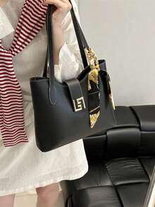 PU材质单肩手提包，围巾图案，大容量，轻便百搭，适合通勤。 - 黑色 - 查看 3