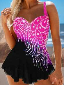 Women Plus Size One-Piece Swimsuit With Rhinestones Contrast Color Swimwear,Sizes S-6XL - Pink - View 1